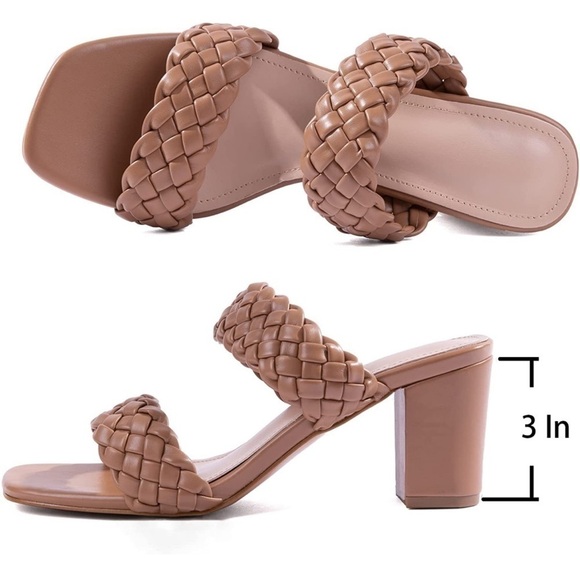 Women’s Woven Chunky Braided Sandel Heels. Nude Square Toes Leather Comfortable - Picture 2 of 4